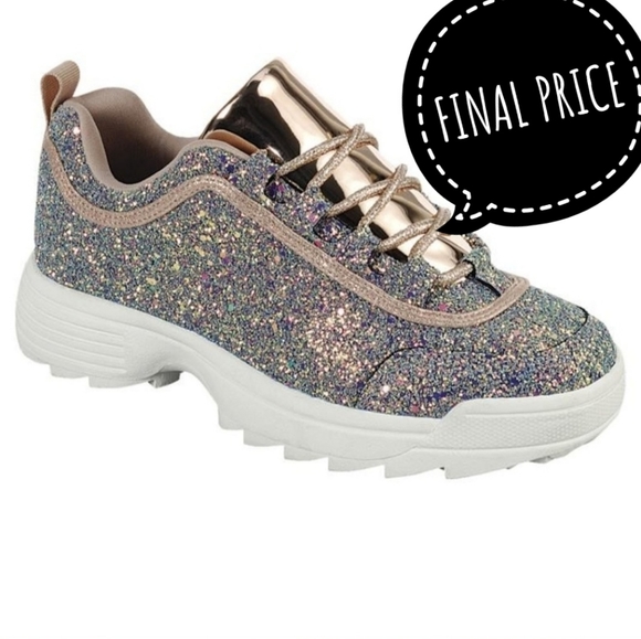 NEW MULTI GLITTER ROSE GOLD METALLIC SNEAKERS SHOE - Picture 1 of 8